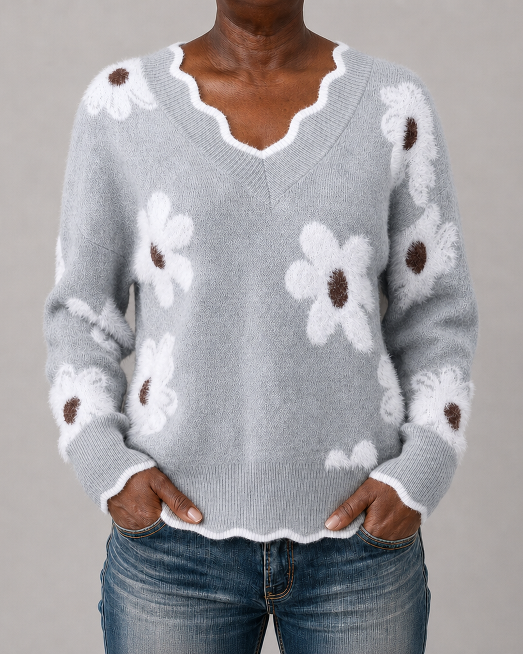 Ellsbeth | Floral Knit Scalloped V-Neck Sweater