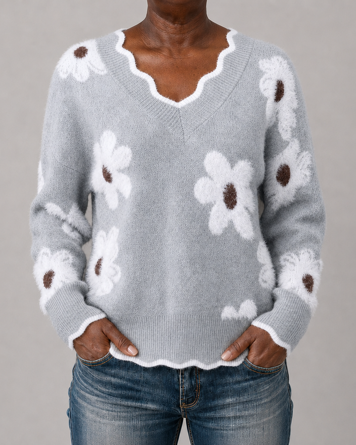 Ellsbeth | Floral Knit Scalloped V-Neck Sweater