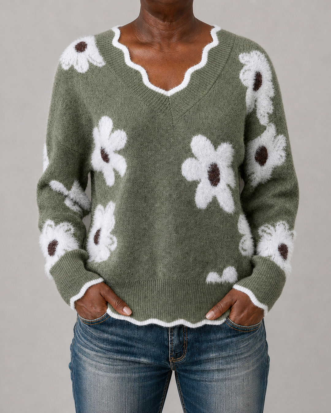 Ellsbeth | Floral Knit Scalloped V-Neck Sweater