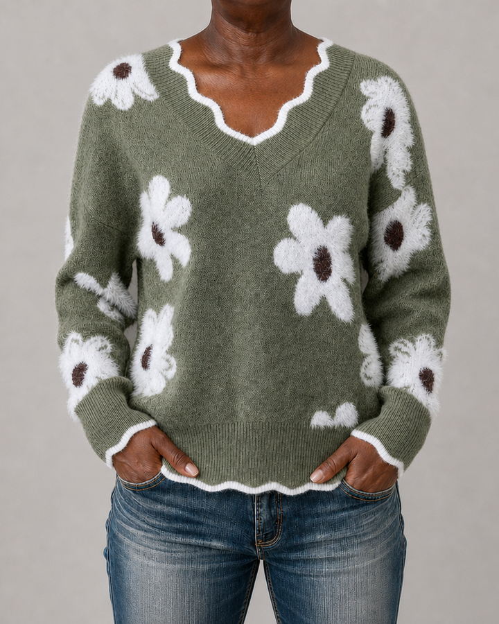 Ellsbeth | Floral Knit Scalloped V-Neck Sweater
