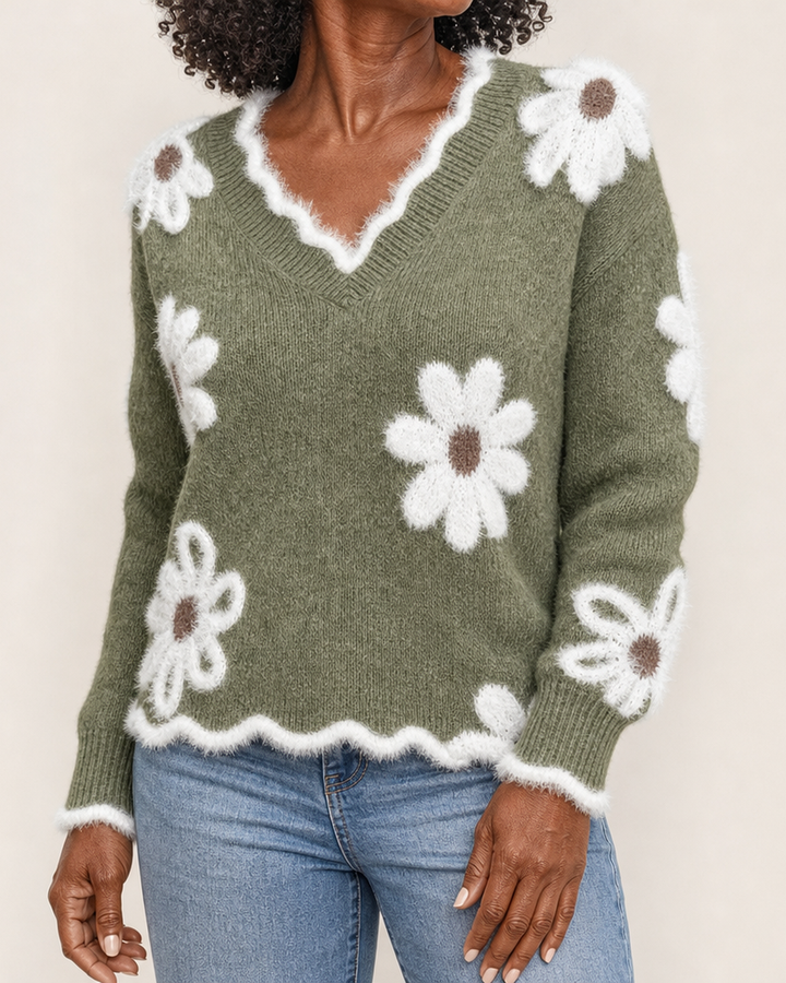Clarissa | Floral Knit Scalloped V-Neck Sweater