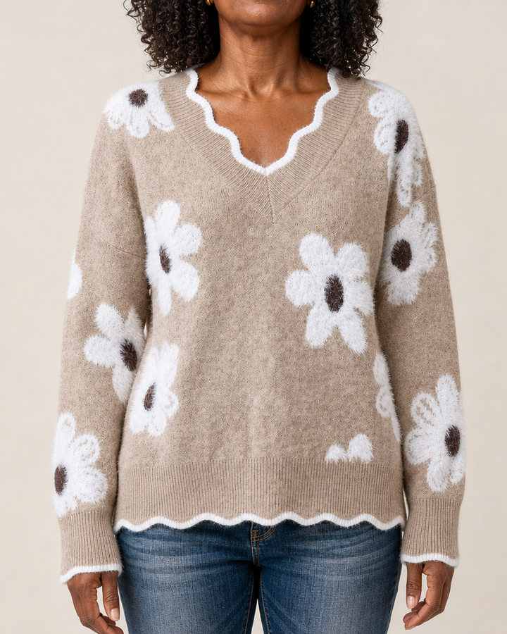 Clarissa | Floral Knit Scalloped V-Neck Sweater