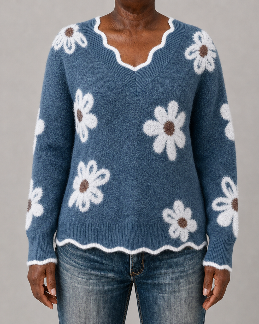 Ellsbeth | Floral Knit Scalloped V-Neck Sweater