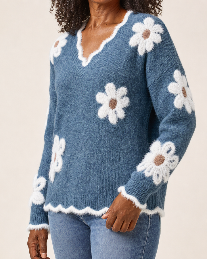 Clarissa | Floral Knit Scalloped V-Neck Sweater