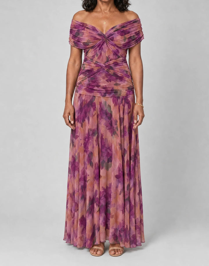 Eloisa Tummy Flattering Off-Shoulder Floral Maxi Dress
