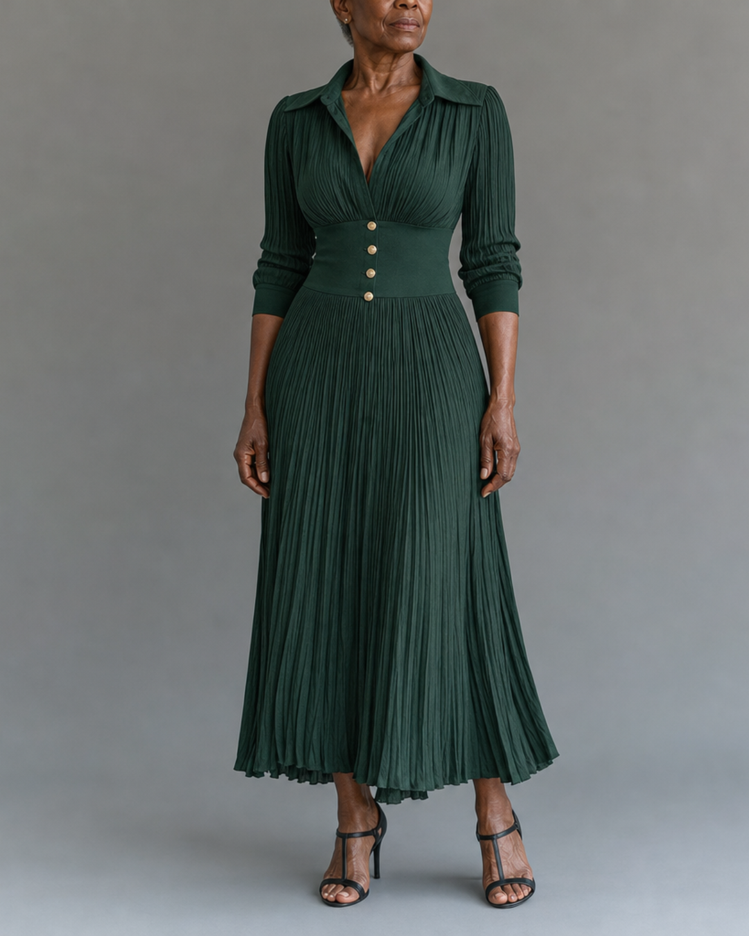 Elvire | Robe Longue Plissée à Revers et Taille Haute