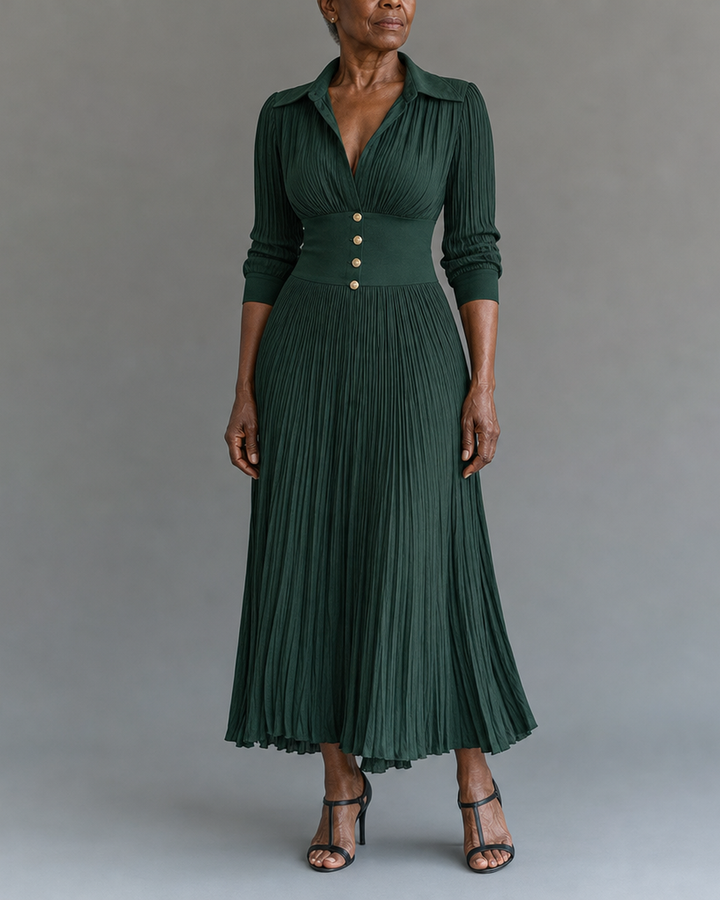 Elvire | Robe Longue Plissée à Revers et Taille Haute