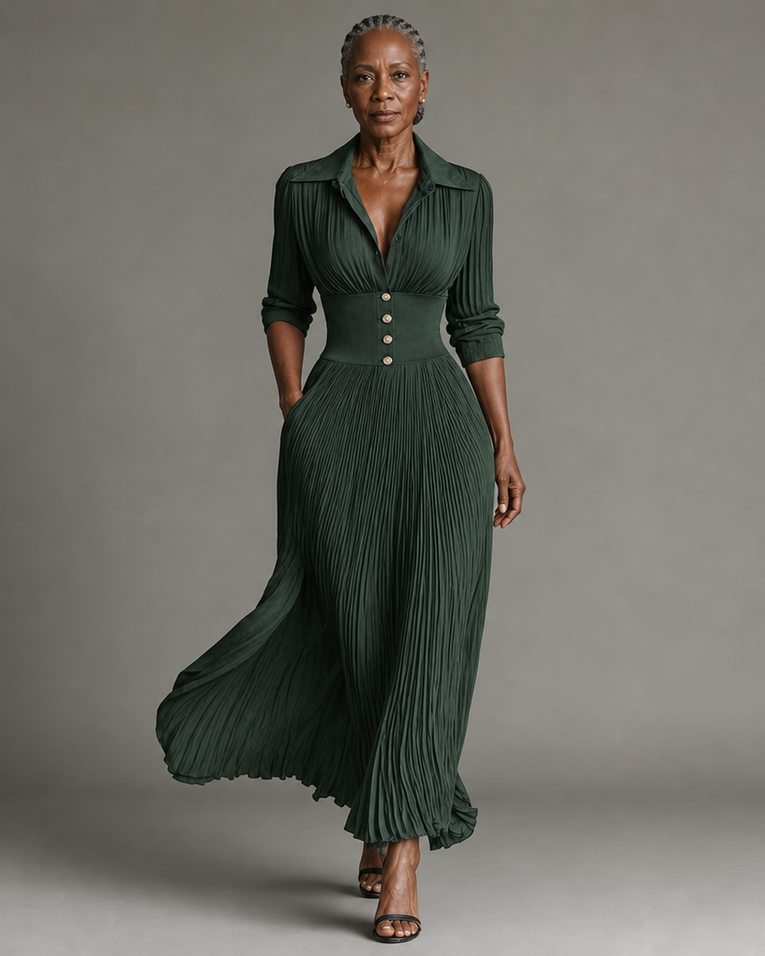 Elvire | Robe Longue Plissée à Revers et Taille Haute
