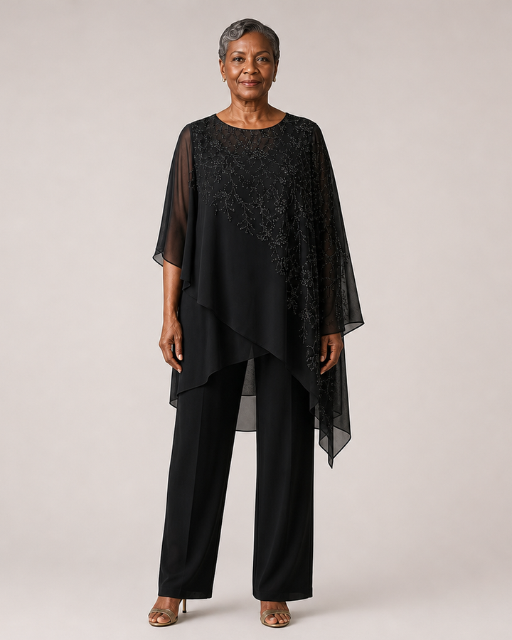 Embroidered Chiffon Overlay Mother of the Bride Pant Suit