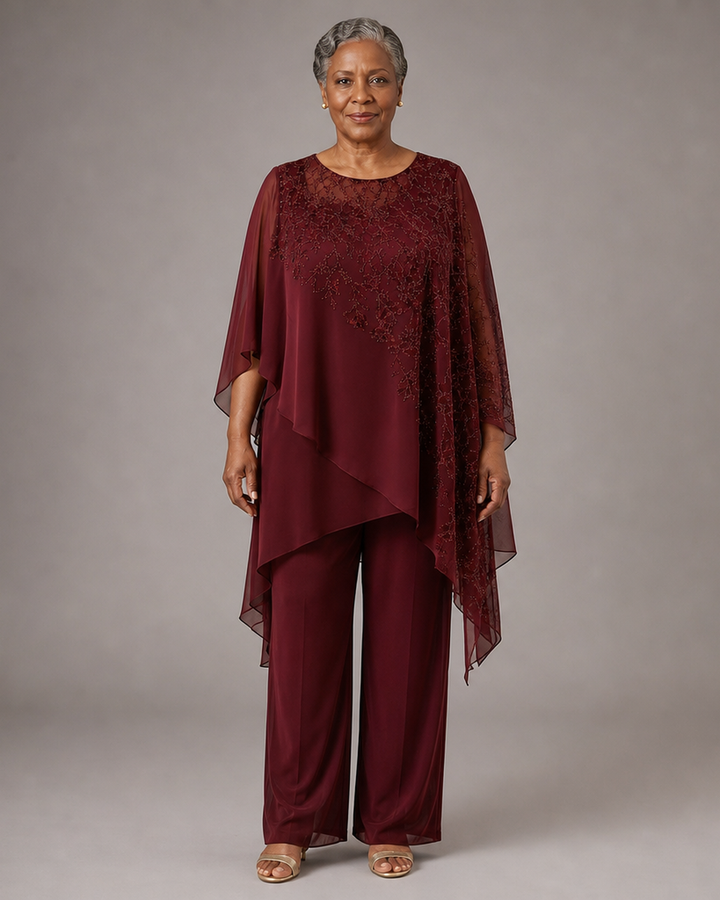 Embroidered Chiffon Overlay Mother of the Bride Pant Suit