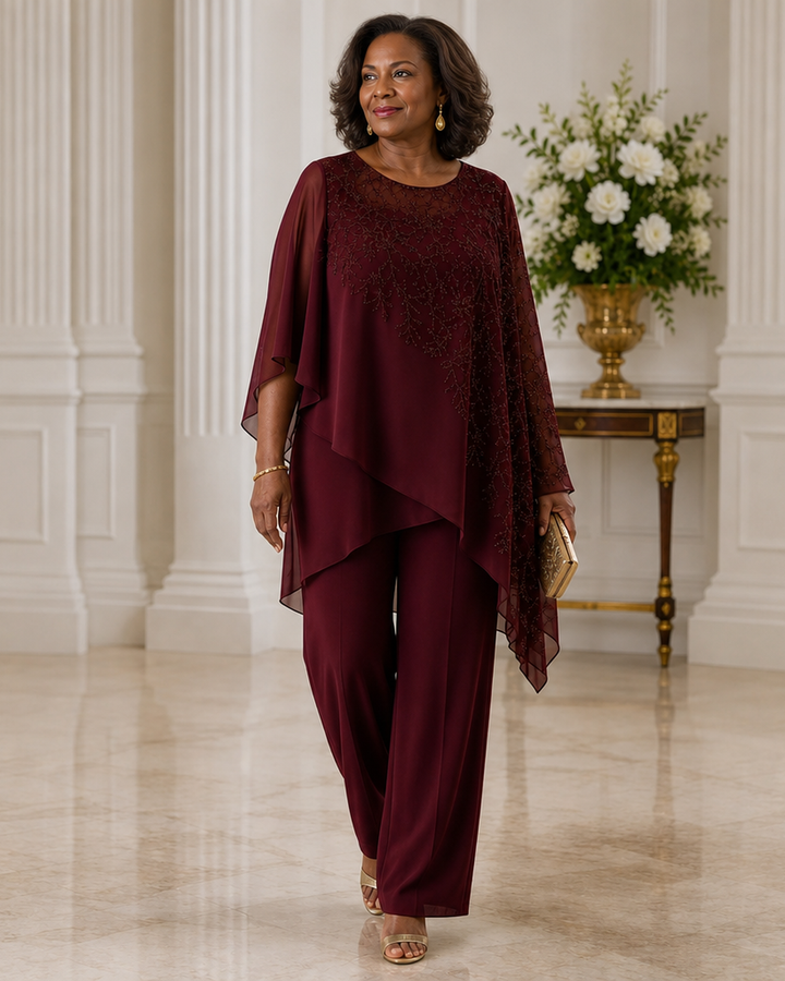 Embroidered Chiffon Overlay Mother of the Bride Pant Suit