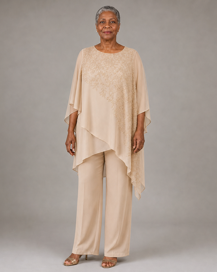 Embroidered Chiffon Overlay Mother of the Bride Pant Suit
