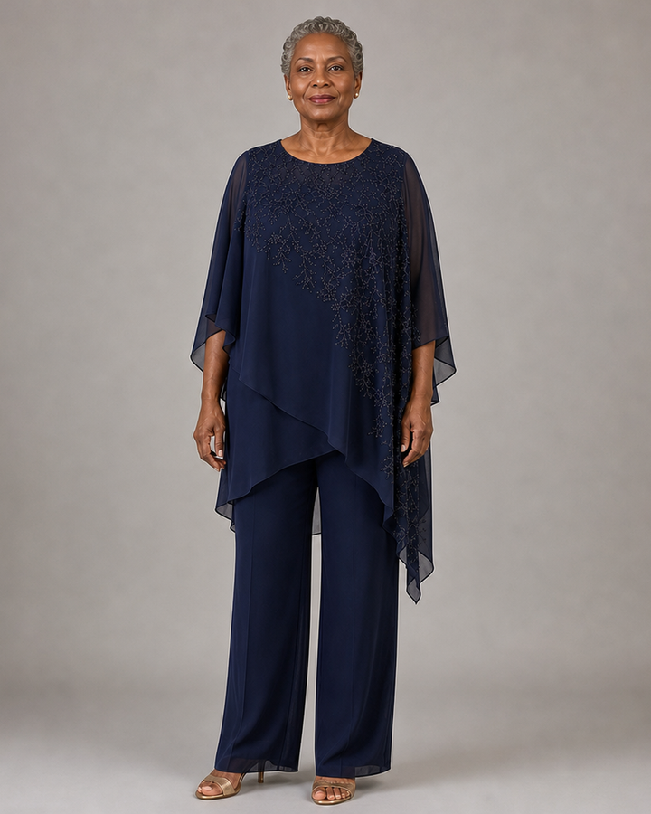 Embroidered Chiffon Overlay Mother of the Bride Pant Suit