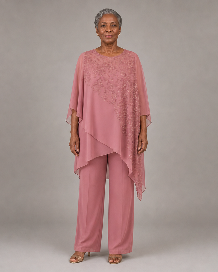 Embroidered Chiffon Overlay Mother of the Bride Pant Suit