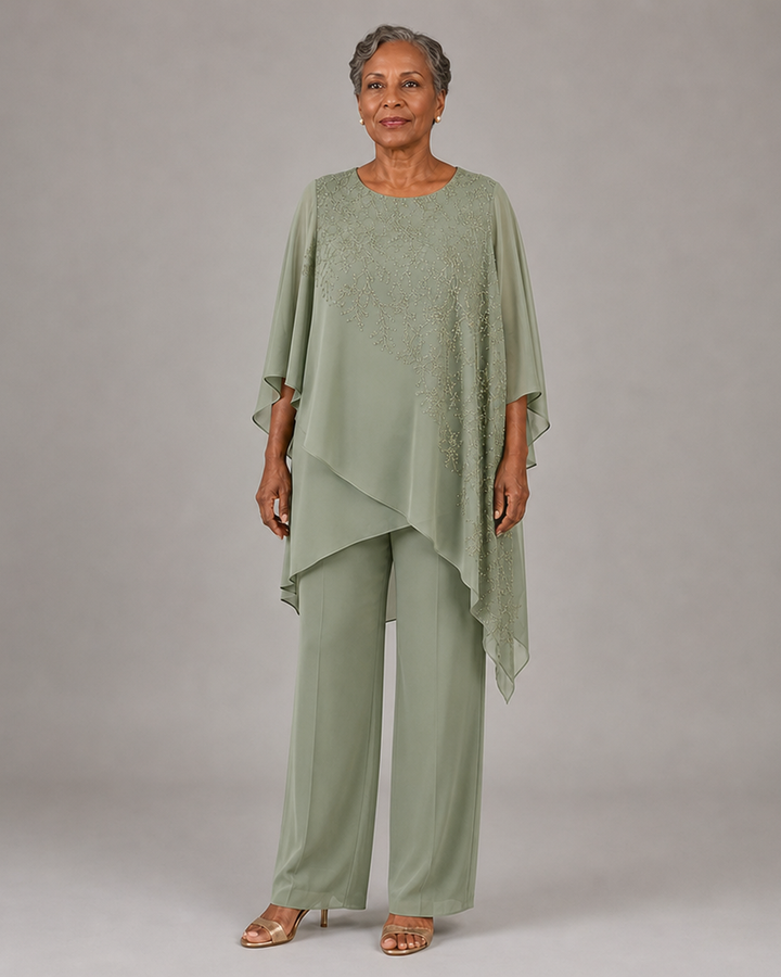 Embroidered Chiffon Overlay Mother of the Bride Pant Suit