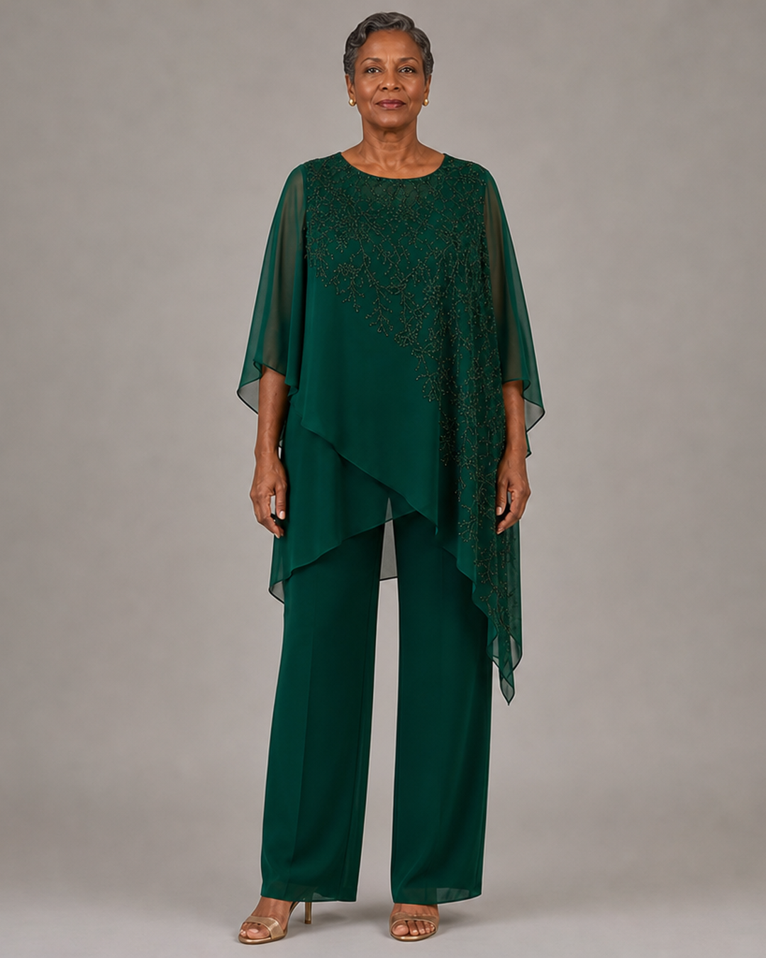Embroidered Chiffon Overlay Mother of the Bride Pant Suit