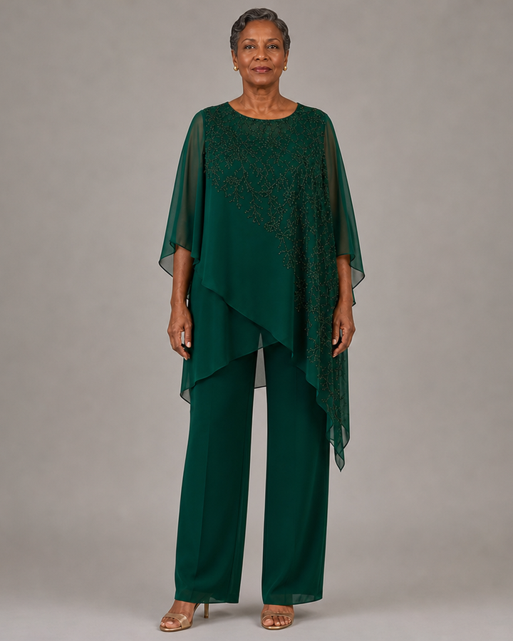 Embroidered Chiffon Overlay Mother of the Bride Pant Suit
