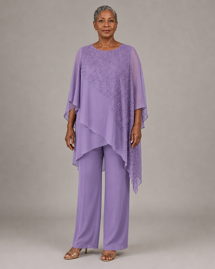 Embroidered Chiffon Overlay Mother of the Bride Pant Suit