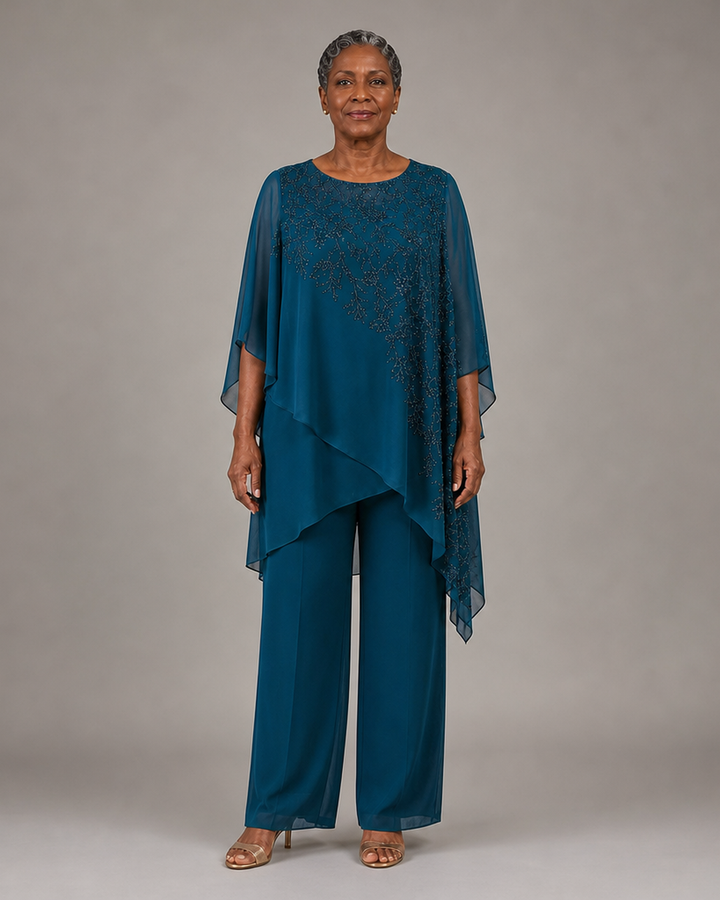 Embroidered Chiffon Overlay Mother of the Bride Pant Suit