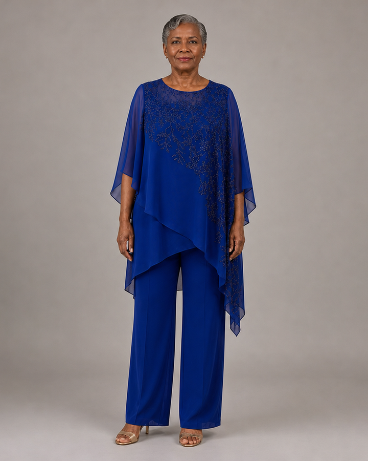 Embroidered Chiffon Overlay Mother of the Bride Pant Suit