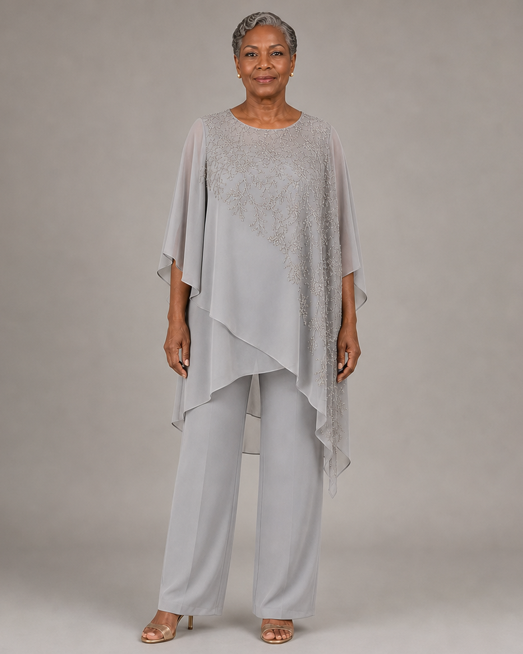 Embroidered Chiffon Overlay Mother of the Bride Pant Suit
