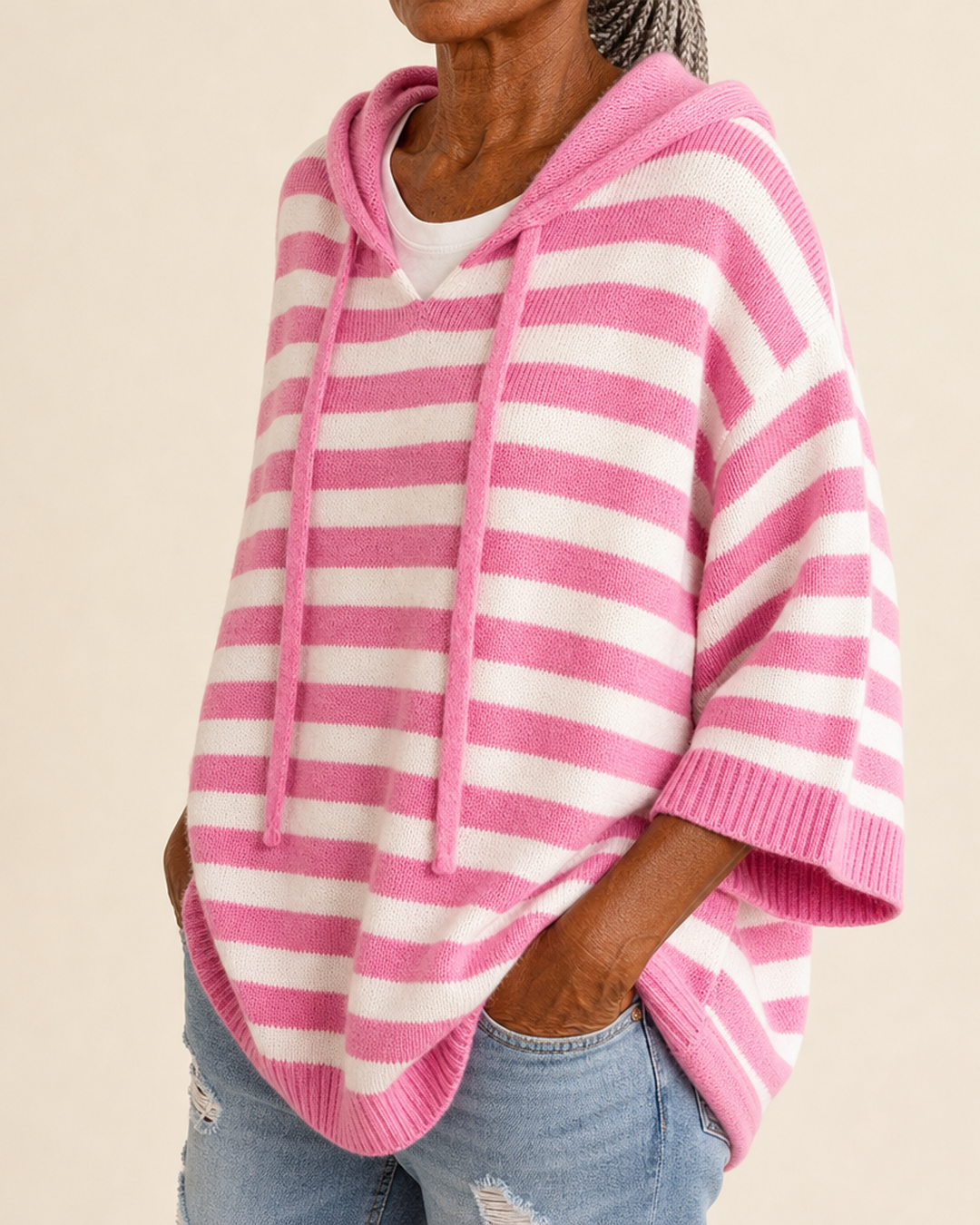 Emilie – Pink Striped Poncho Sweater