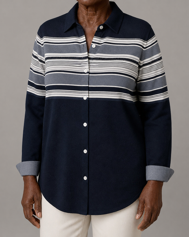 Evancline™ | Casual Horizontal Stripe Button Blouse