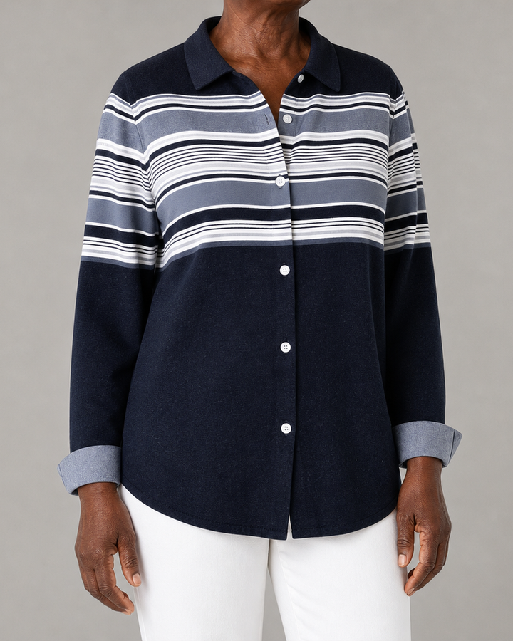Evancline | Casual Horizontal Stripe Button Blouse