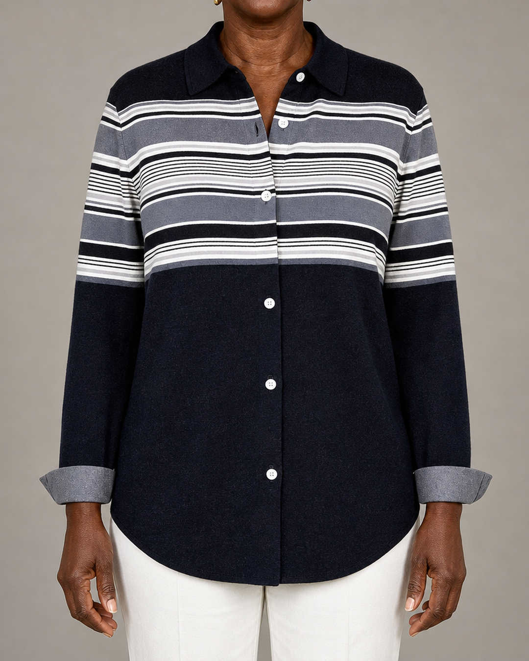 Evancline™ | Casual Horizontal Stripe Button Blouse