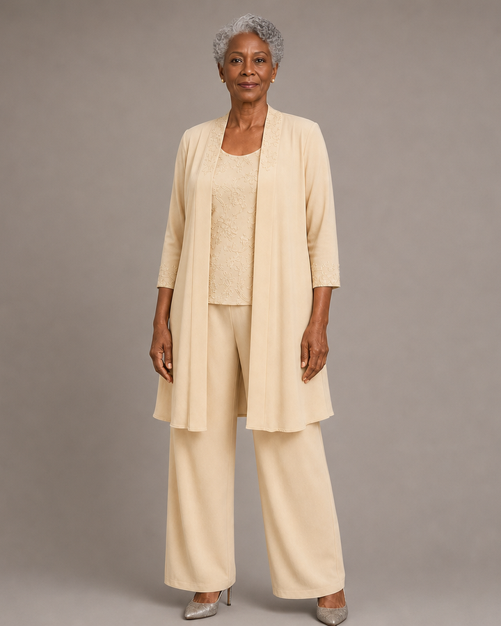 Evelyn Embroidered Three-Piece Pant Set