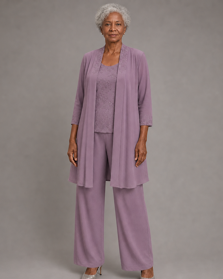 Evelyn Embroidered Three-Piece Pant Set