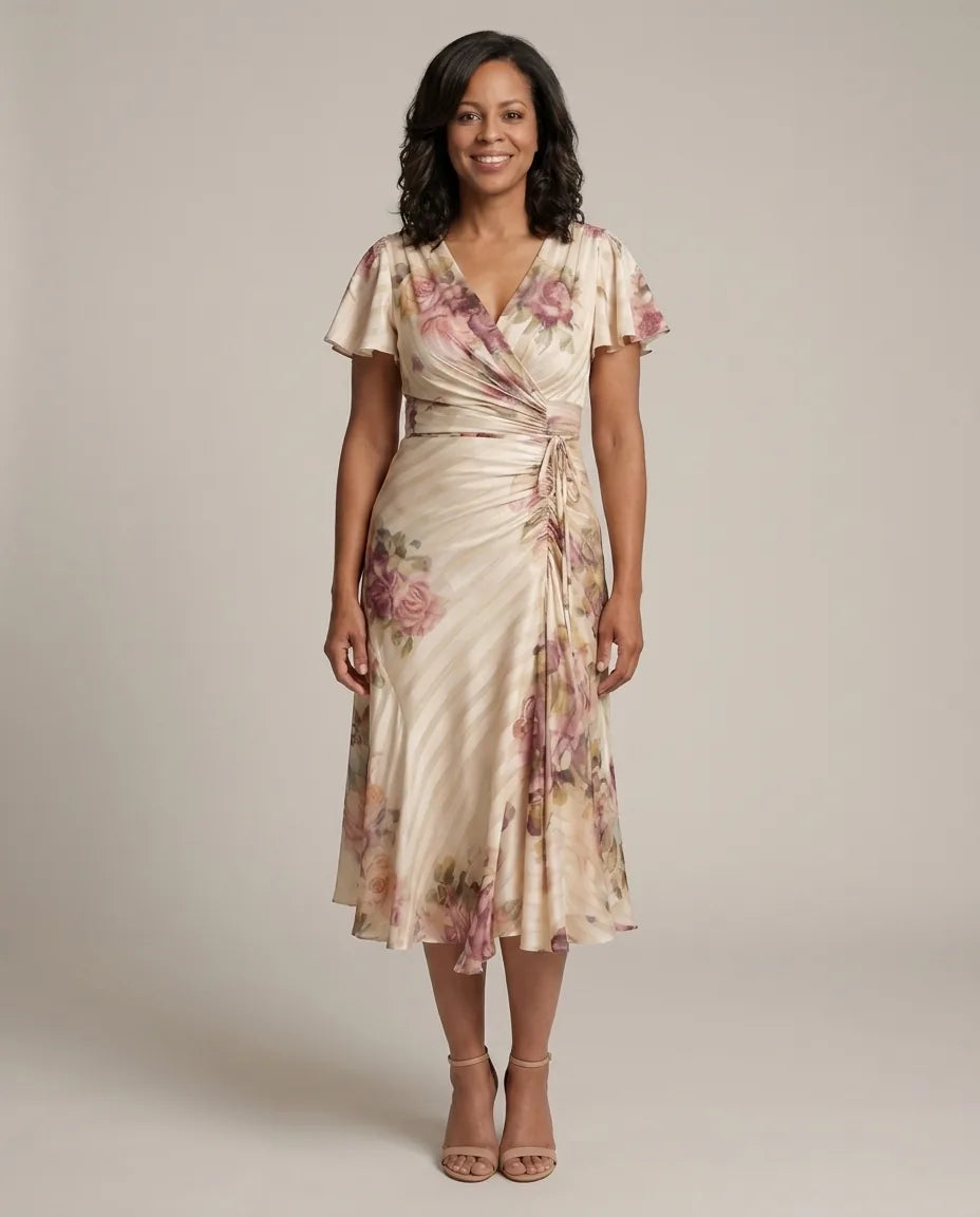 Melanie | Flutter Sleeve Wrap Floral Stripe Print Midi Dress