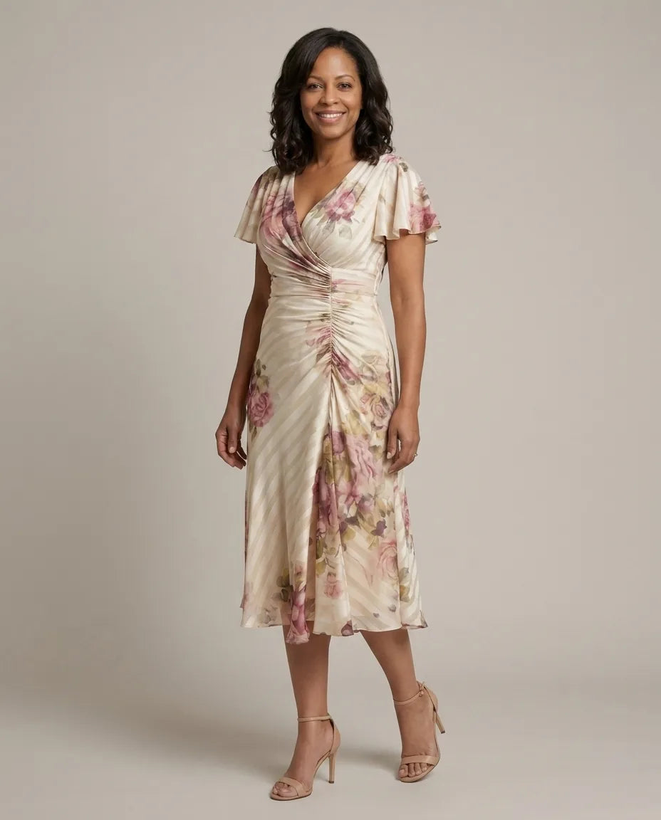 Melanie | Flutter Sleeve Wrap Floral Stripe Print Midi Dress