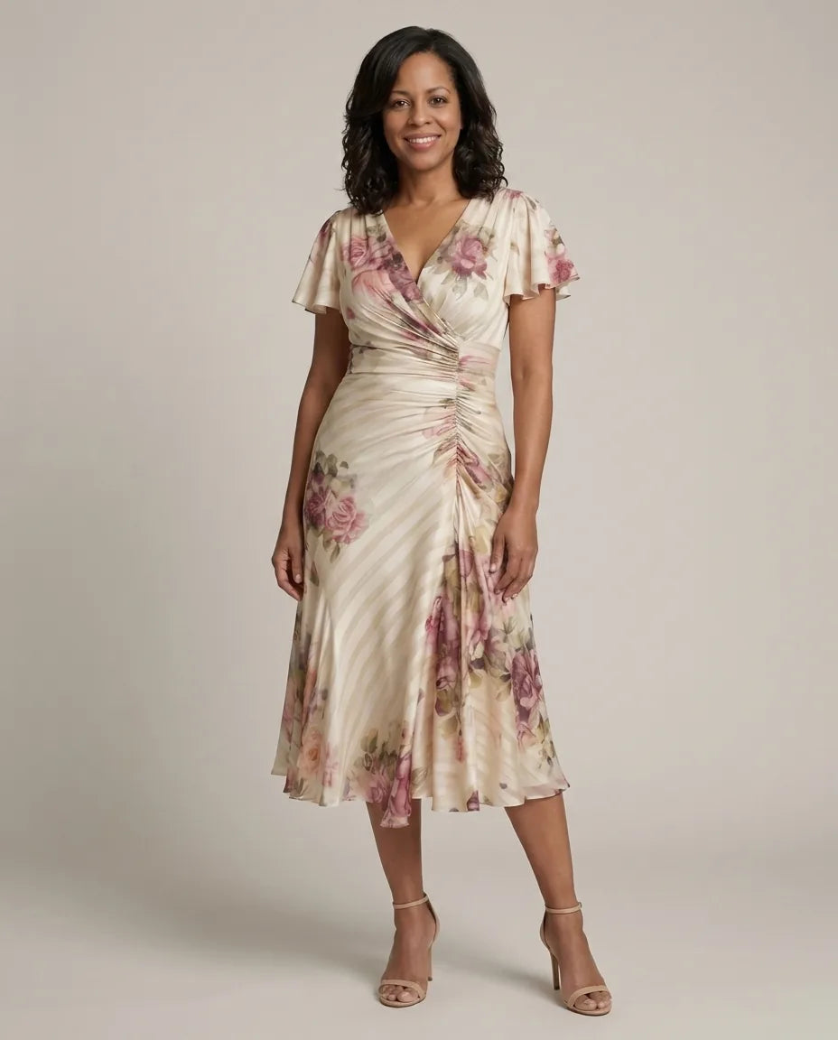 Melanie | Flutter Sleeve Wrap Floral Stripe Print Midi Dress