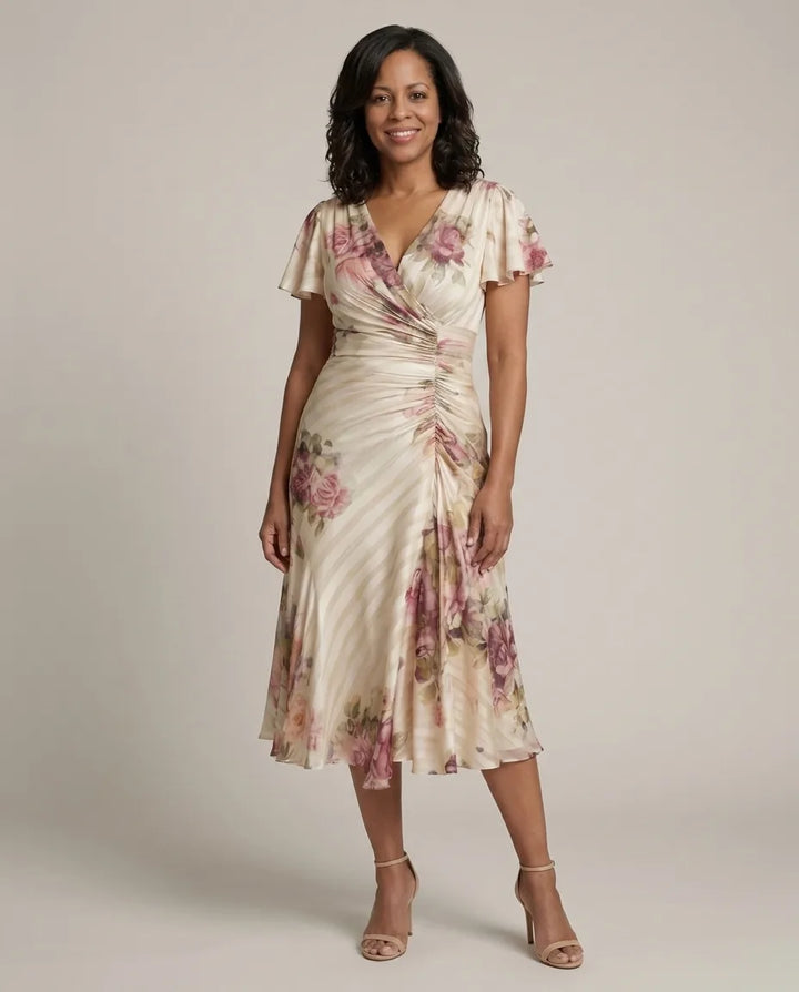 Melanie | Flutter Sleeve Wrap Floral Stripe Print Midi Dress