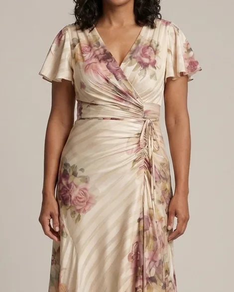 Melanie | Flutter Sleeve Wrap Floral Stripe Print Midi Dress