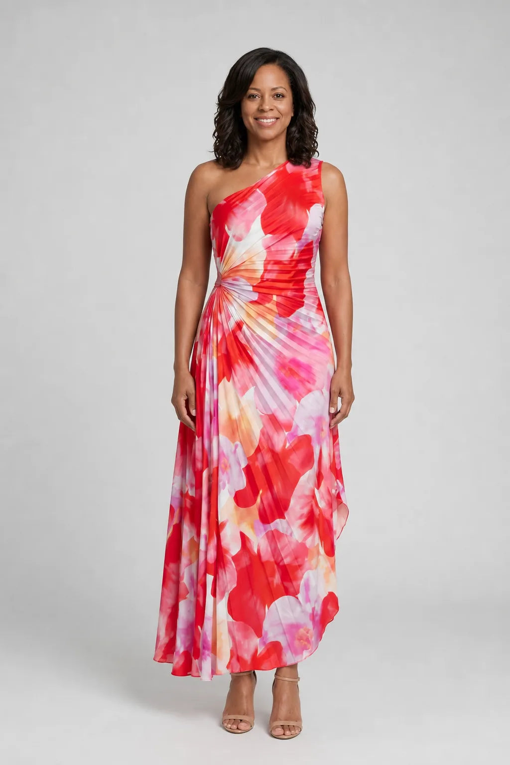 Taya | One Shoulder Pleated Bodice Midi Dress — Floral