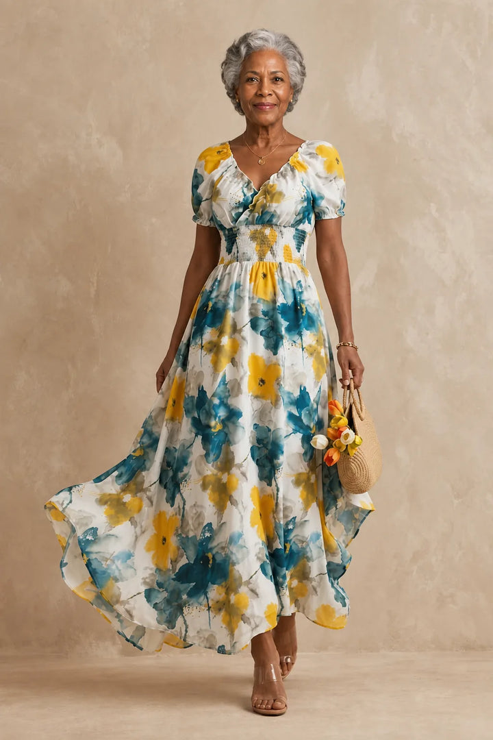 Chinyere | Shirred Floral V-Neck Maxi