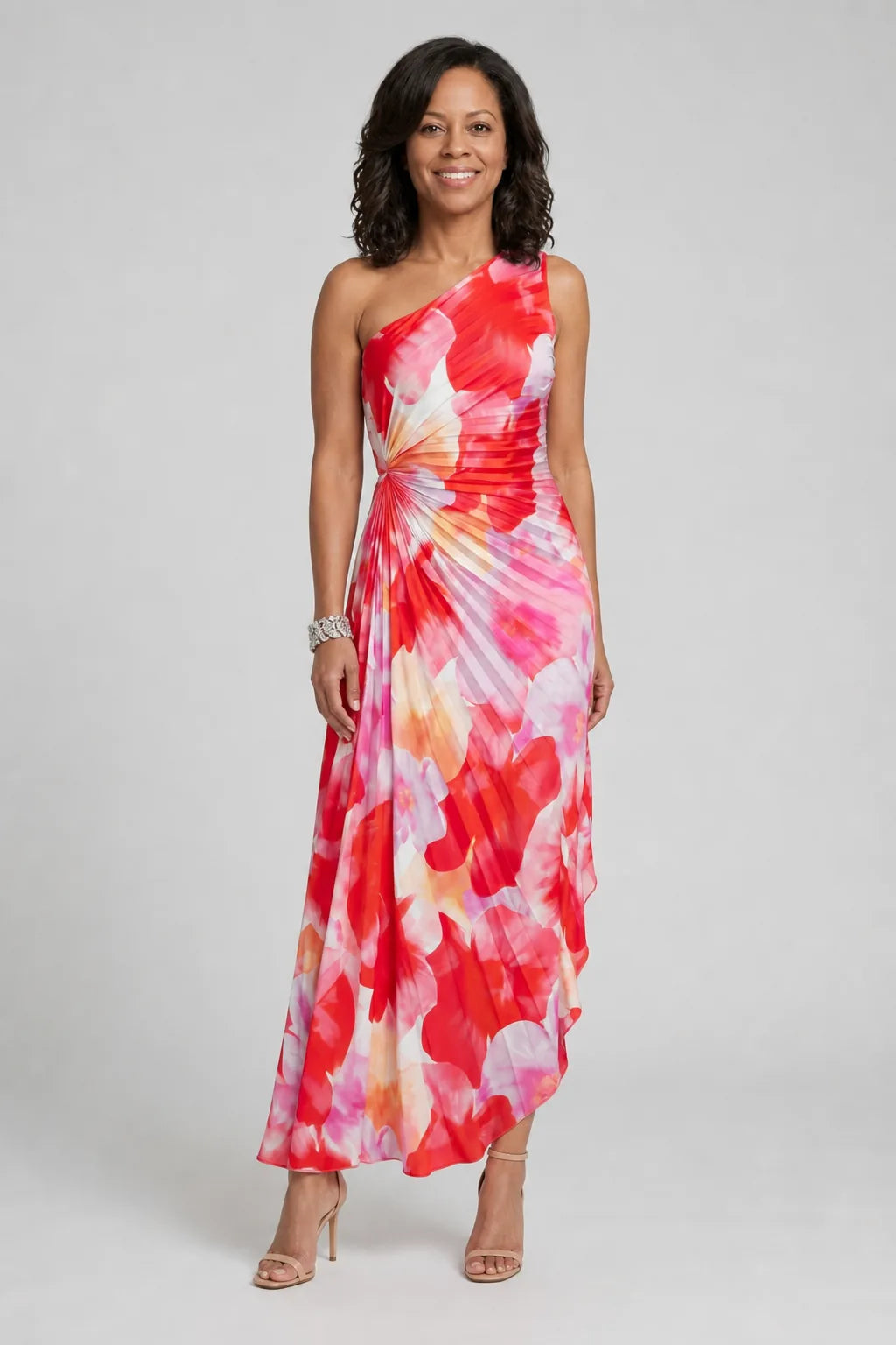 Taya | One Shoulder Pleated Bodice Midi Dress — Floral