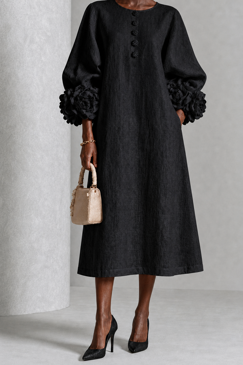 Chidera | Black Floral Button-down Midi Dress With Striking Floral Cuffs
