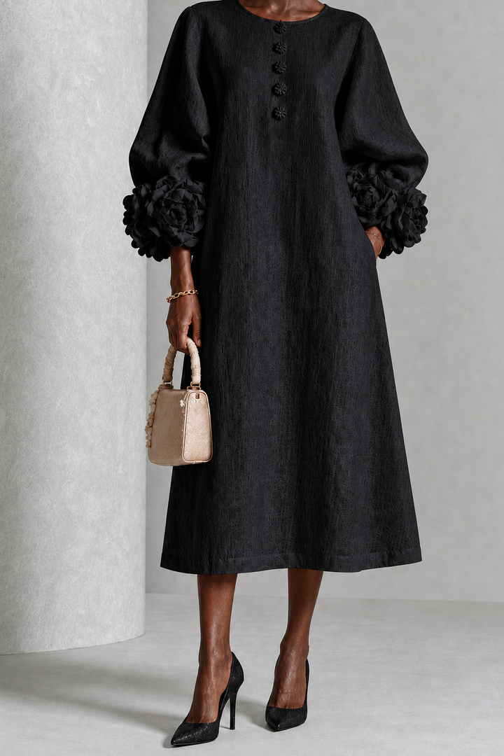 Chidera | Black Floral Button-down Midi Dress With Striking Floral Cuffs