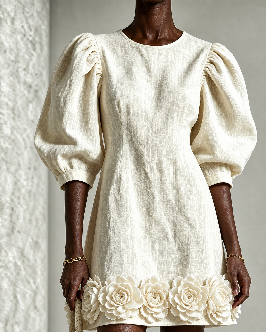 Nyameke | White 3d Floral Puff-sleeve Cotton-linen Mini Dress