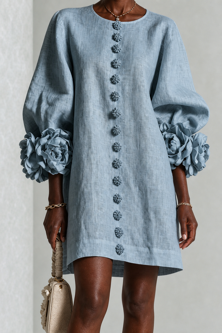 Iyabo | Dusty Blue Floral Button-down Mini Dress With Striking Floral Cuffs