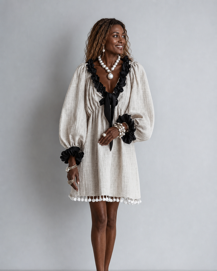 Nafissatou | Color-block Lettuce-edge Puff Sleeves Tassels Shift Mini Dress