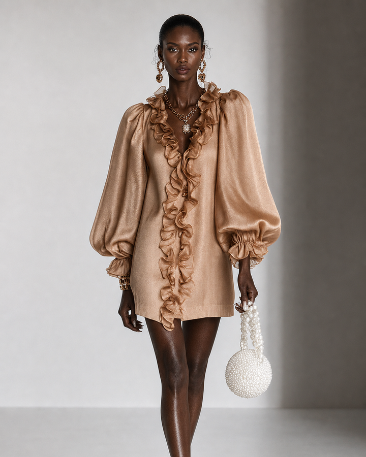 Salimatou | Ruffled Puff-sleeve Loose Straight-cut Mini Dress