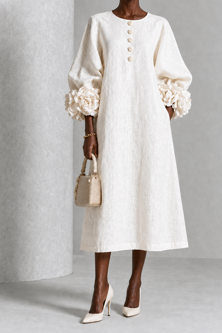 Nkiru | White Floral Button-down Midi Dress With Striking Floral Cuffs