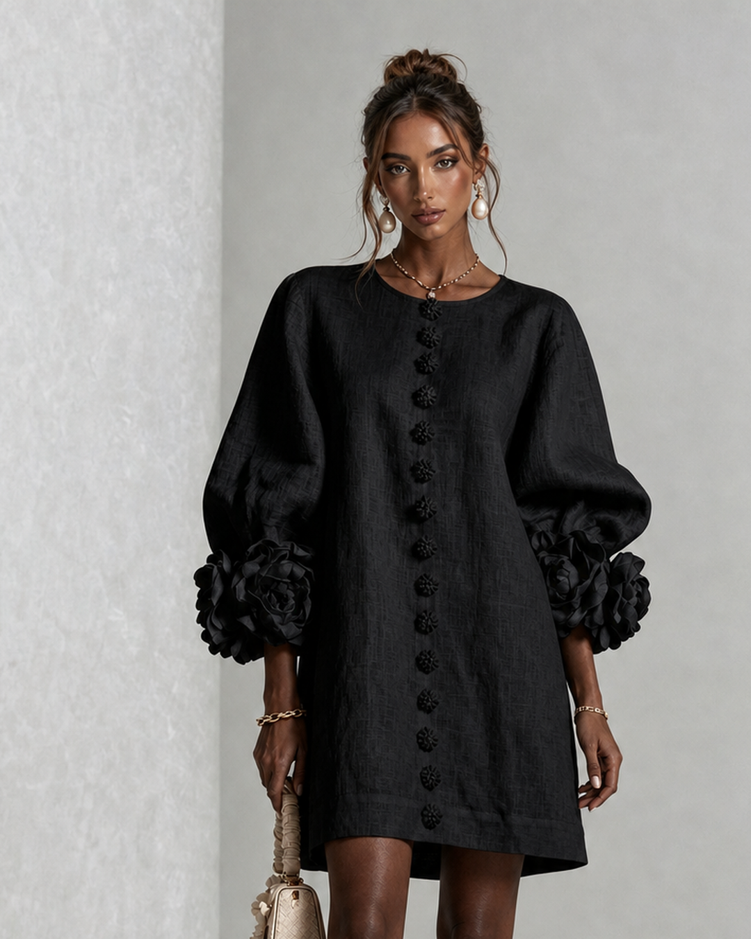 Asantewaa | Black Floral Button-down Mini Dress With Striking Floral Cuffs