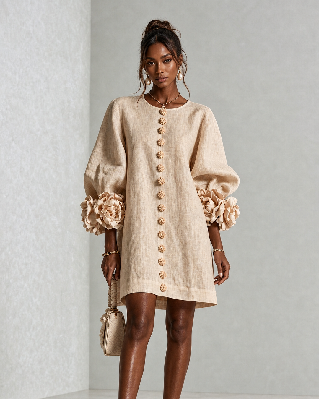 Yewande | Beige Floral Button-down Mini Dress With Striking Floral Cuffs