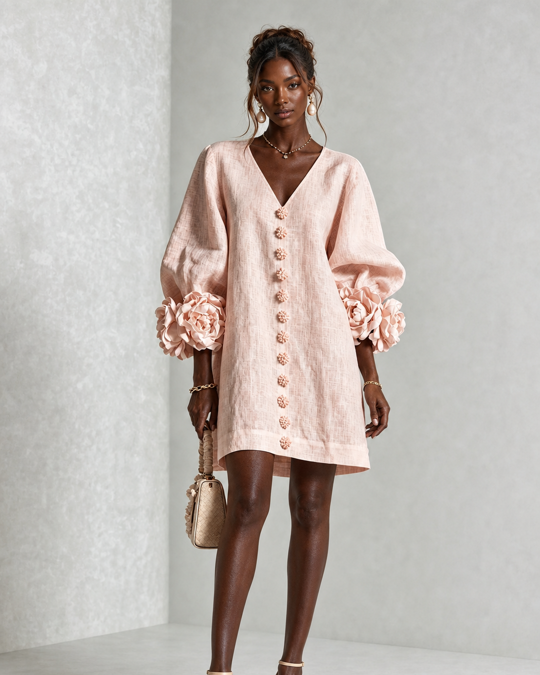 Sindiswa | Pink V-neck Floral Button-down Mini Dress With Striking Floral Cuffs