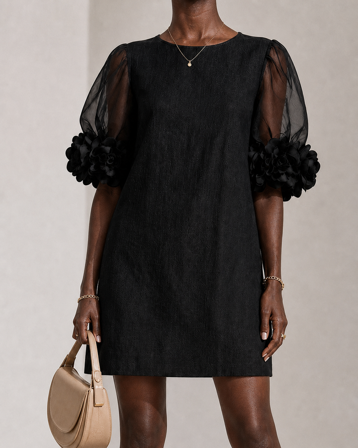 Njeri | Black Organza Puff-sleeved Mini Dress With Striking Floral Cuffs